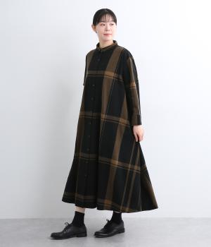 コットンリネンビッグチェックシャツワンピース(ブラック-L)