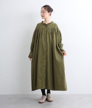 コットンコーデュロイギャザーワンピース(カーキ-M)