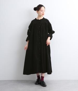 コットンコーデュロイギャザーワンピース(ブラック-L)