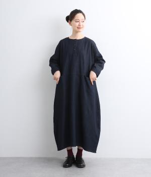 コットンデニム切替ポケットワンピース(ネイビー-L)