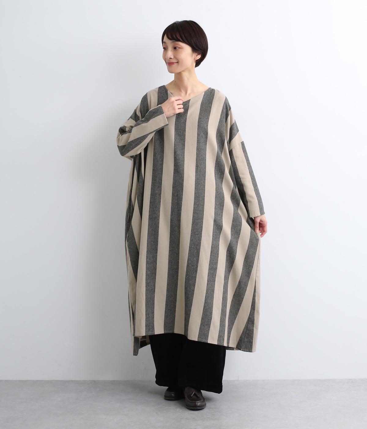 コットンビエラビッグストライプＶネックワンピース(ベージュ-M)