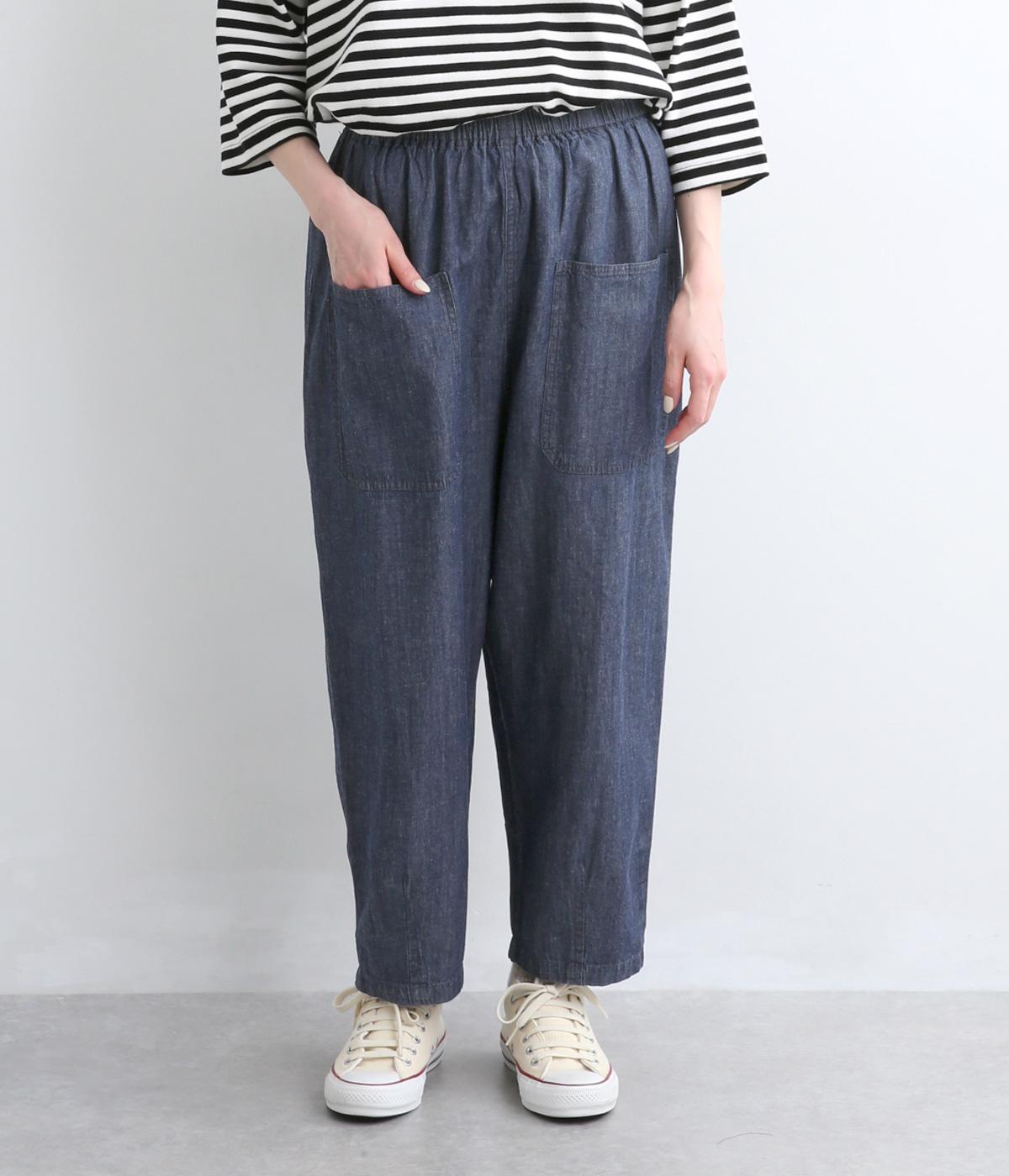 コットンリネンデニムポケット付パンツ(ネイビー-M)