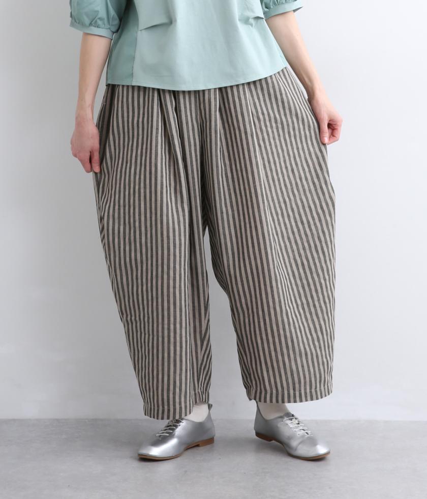 コットンポリエステルリネンストライプバルーンパンツ