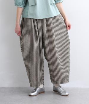 コットンポリエステルリネンストライプバルーンパンツ