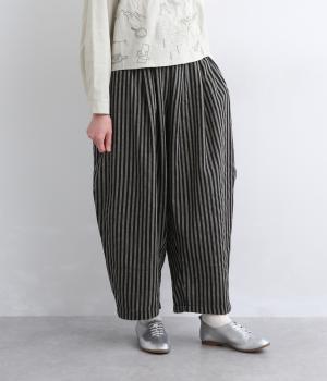 コットンポリエステルリネンストライプバルーンパンツ(ブラック-M)