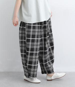 リネン混チェックパンツ(クロ-L)