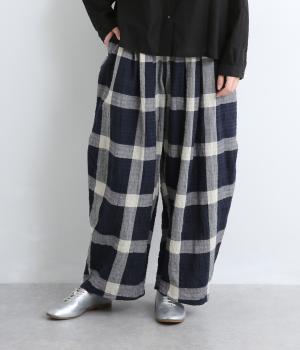 リップルチェック　ワイドタックパンツ(ネイビー-L)