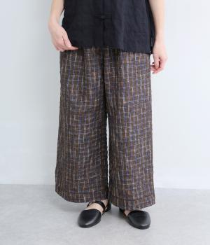 ミックスカラーチェック裾タックパンツ(カーキ-L)