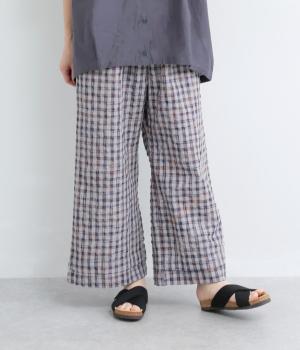 ミックスカラーチェック裾タックパンツ(グレー-L)