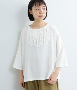 T/Rスラブ　縦フリルブラウス(オフホワイト-L)