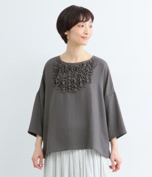 T/Rスラブ　縦フリルブラウス(チャコールグレー-L)