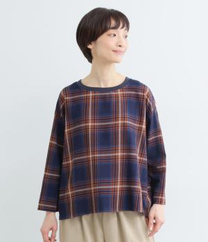 コットンチェック　リブプルオーバー(ブラウン-L)