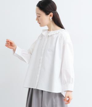 リネンコットンオックス　タック襟ブラウス(オフホワイト-M)