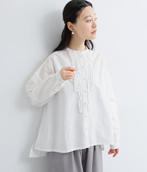 リネンコットンオックス　縦フリルバンドカラーブラウス(オフホワイト-L)