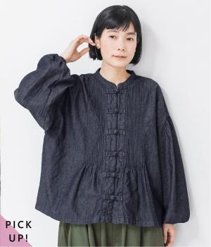 コットンリネンデニム　チャイナボタンブラウス(ネイビー-M)