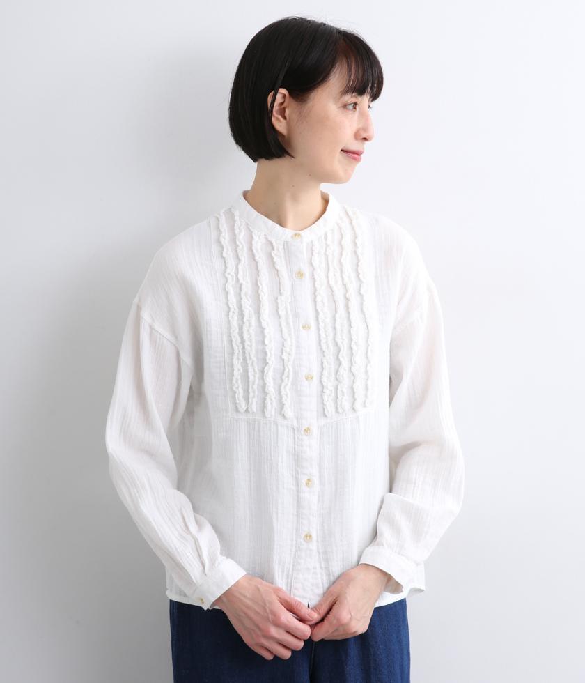 コットンWガーゼストライプフリルブラウス