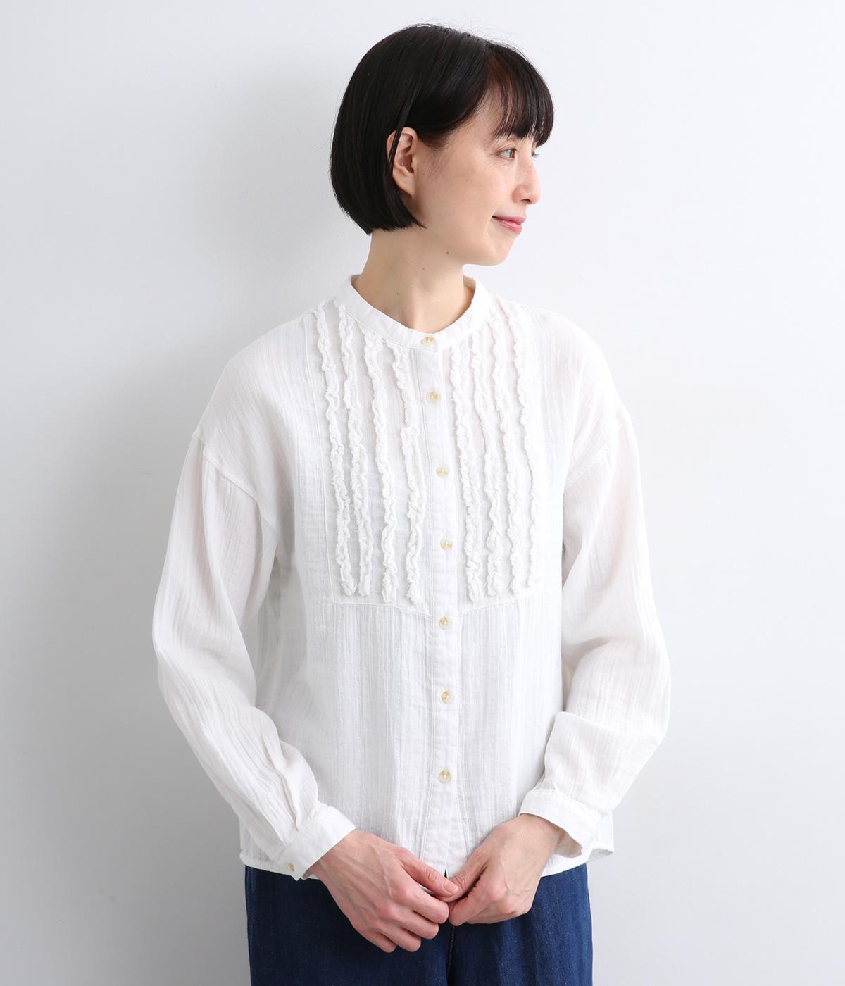 コットンWガーゼストライプフリルブラウス(オフ-M)