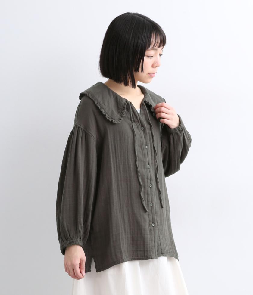 コットンWガーゼフリル襟ブラウス
