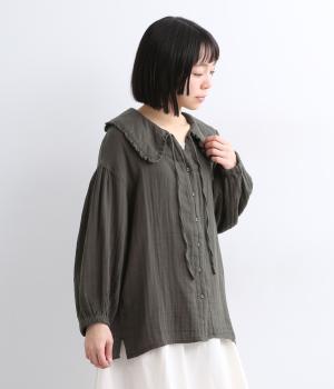 コットンWガーゼフリル襟ブラウス