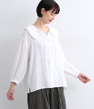コットンWガーゼフリル襟ブラウス(オフ-M)