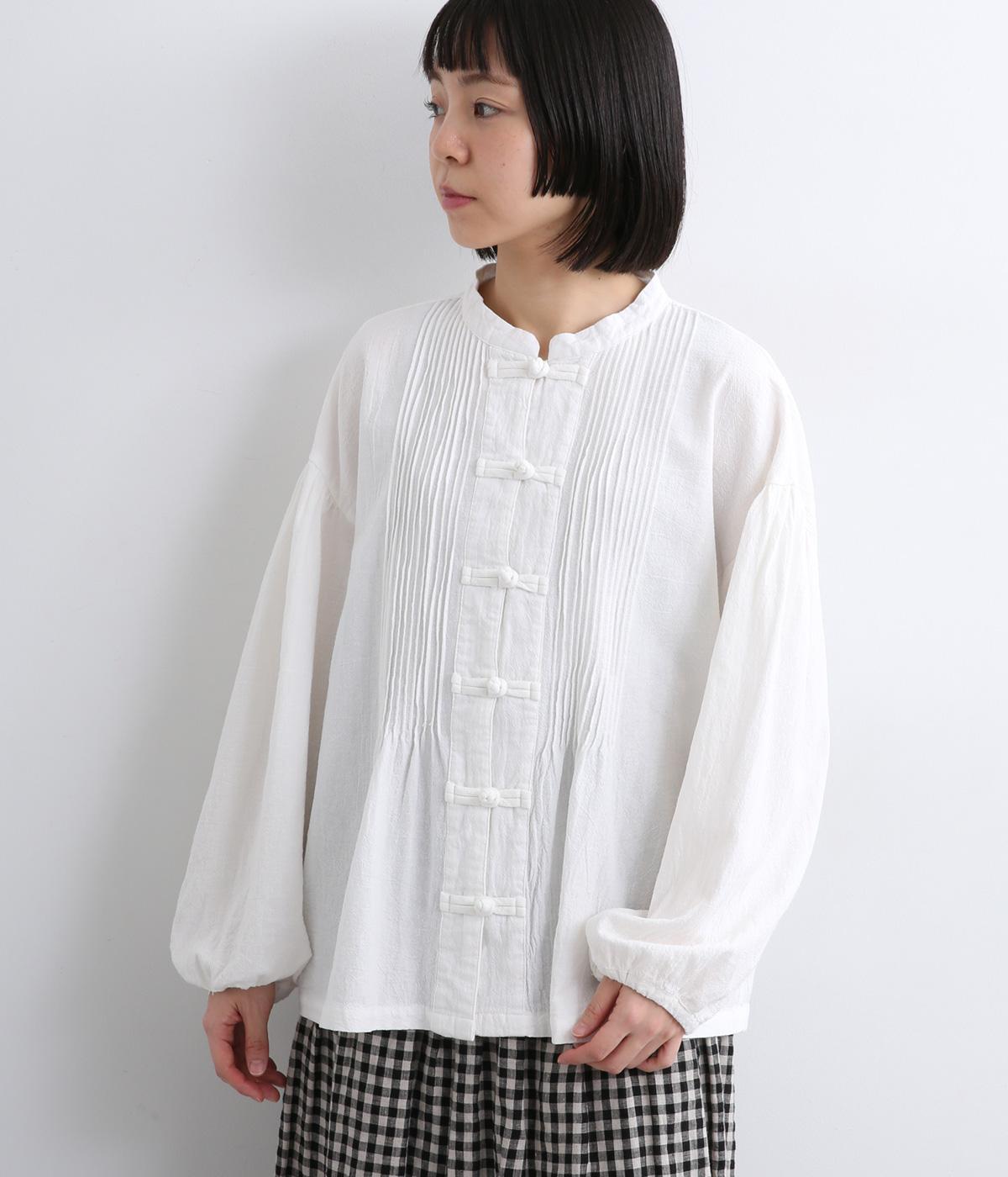 コットンオックスワッシャーチャイナボタンピンタックブラウス(オフ-M)