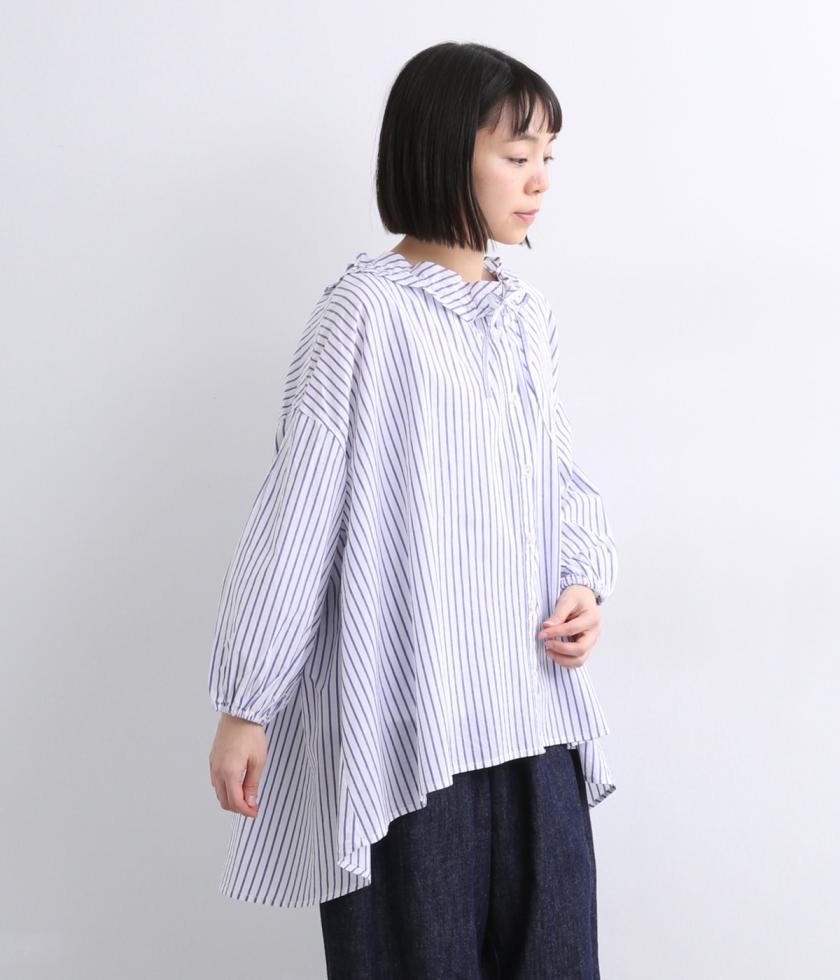 リネン混ストライプフリル襟ブラウス