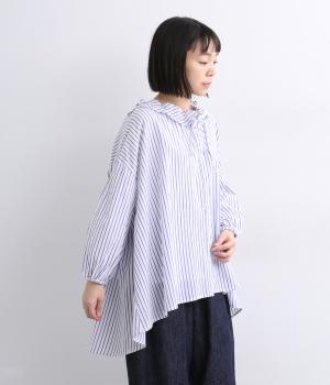 リネン混ストライプフリル襟ブラウス