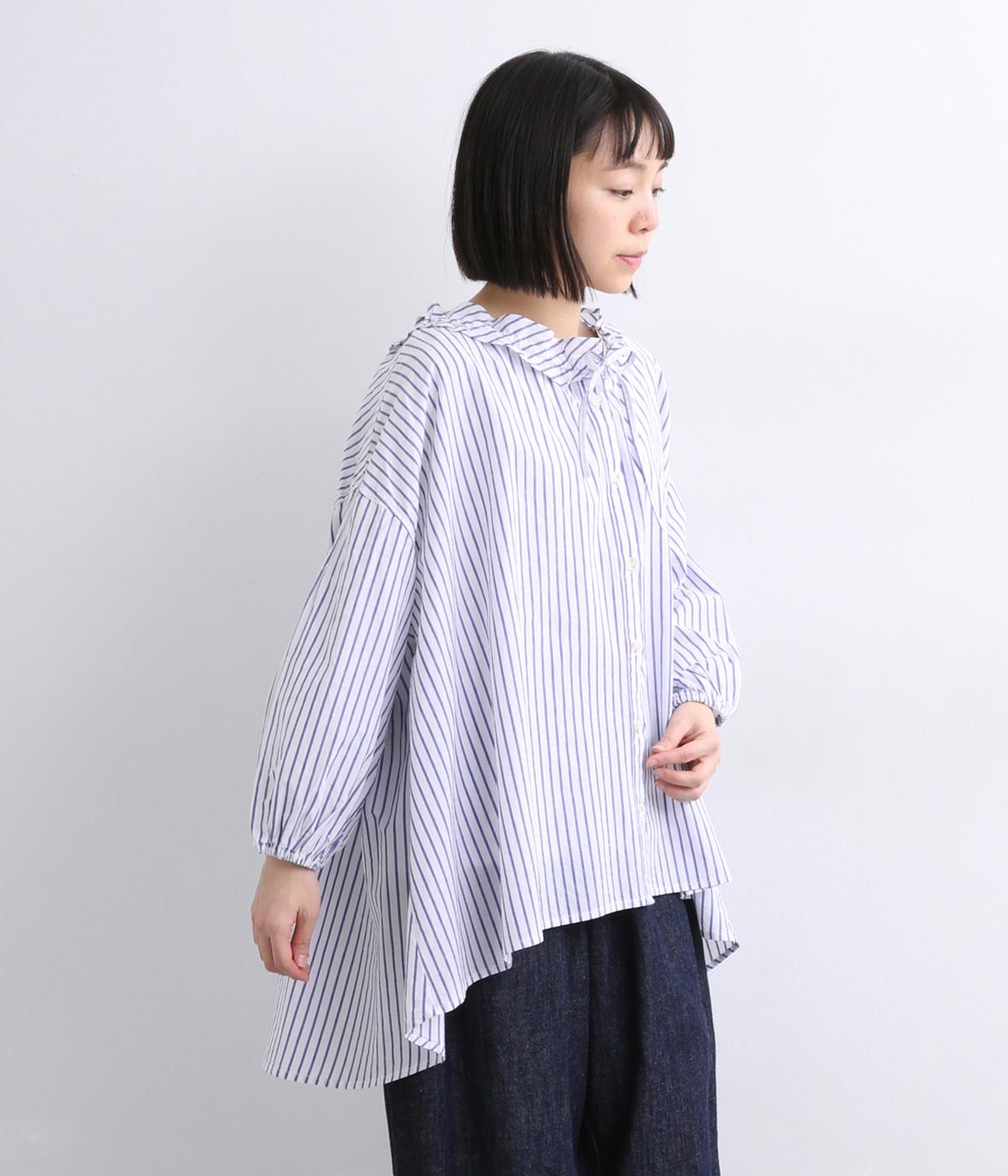 リネン混ストライプフリル襟ブラウス(オフ-M)