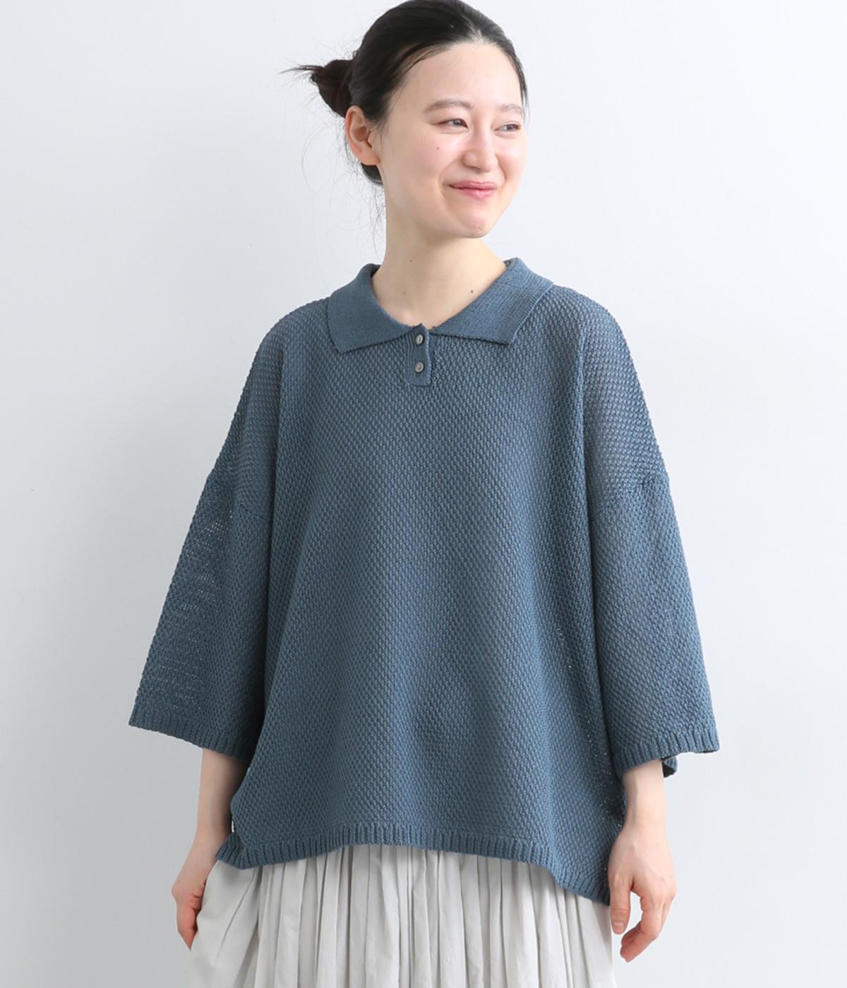鹿の子編みニットポロシャツ(ブルー-M)