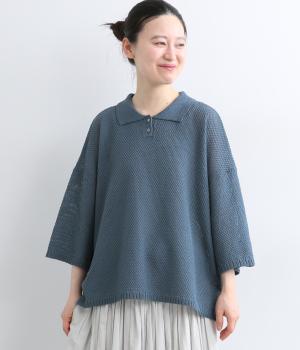 鹿の子編みニットポロシャツ(ブルー-M)