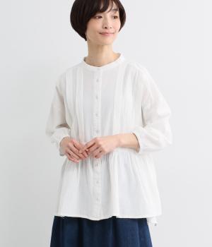 コットンワッシャー　ウエスト切替ブラウス(オフ-L)