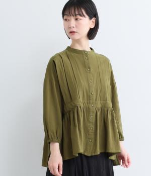 コットンワッシャー　ウエスト切替ブラウス(カーキ-L)