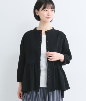 コットンワッシャー　ウエスト切替ブラウス(クロ-M)