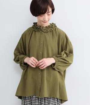 コットンワッシャーフリル　襟ブラウス(カーキ-L)