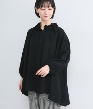 コットンワッシャーフリル　襟ブラウス(クロ-L)