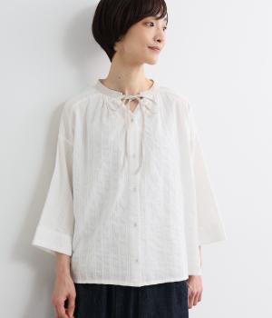 コットンドビー　配色リボンブラウス(オフ-L)