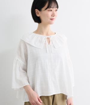 コットンボイル　シャドーチェックビッグカラーブラウス(オフ-L)