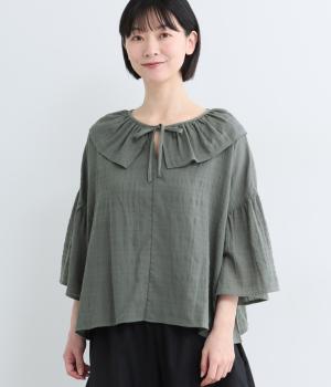 コットンボイル　シャドーチェックビッグカラーブラウス(ダークグレー-L)