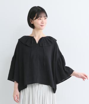 コットンボイル　シャドーチェックビッグカラーブラウス(クロ-L)