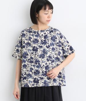 コットンリネン　水彩調花柄ブラウス