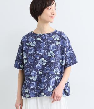 コットンリネン　水彩調花柄ブラウス(ネイビー-L)