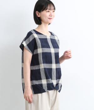 リップルチェック　フレンチスリーブブラウス(ネイビー-L)