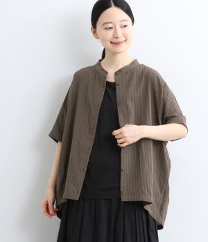 シャドウストライプ　スタンドカラーブラウス(ブラウン-F)