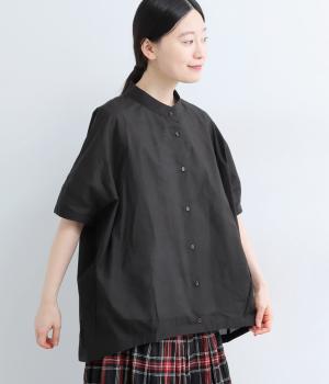 コットン混キャッチワッシャースタンドカラーブラウス(クロ-F)