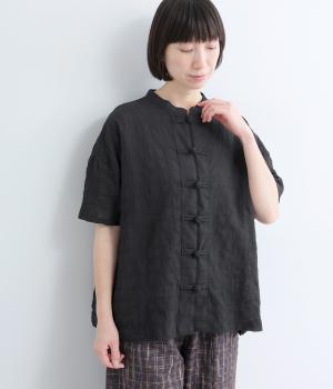 シャーリングチャイナボタンブラウス(クロ-L)