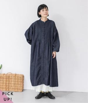 コットンリネンデニム　チャイナボタンワンピース(ネイビー-L)