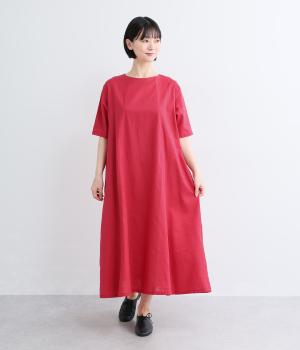 リネンコットン5分袖ワンピース(レッド-L)