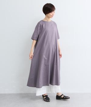 リネンコットン5分袖ワンピース(グレー-L)