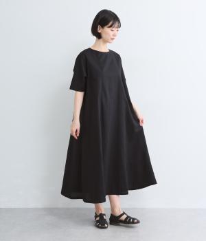 リネンコットン5分袖ワンピース(クロ-L)