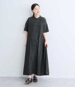 コットンデニムチャイナボタンワンピース(クロ-L)